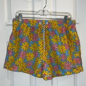 Vibrant Floral Men's Swim Trunks - Blue and Yellow